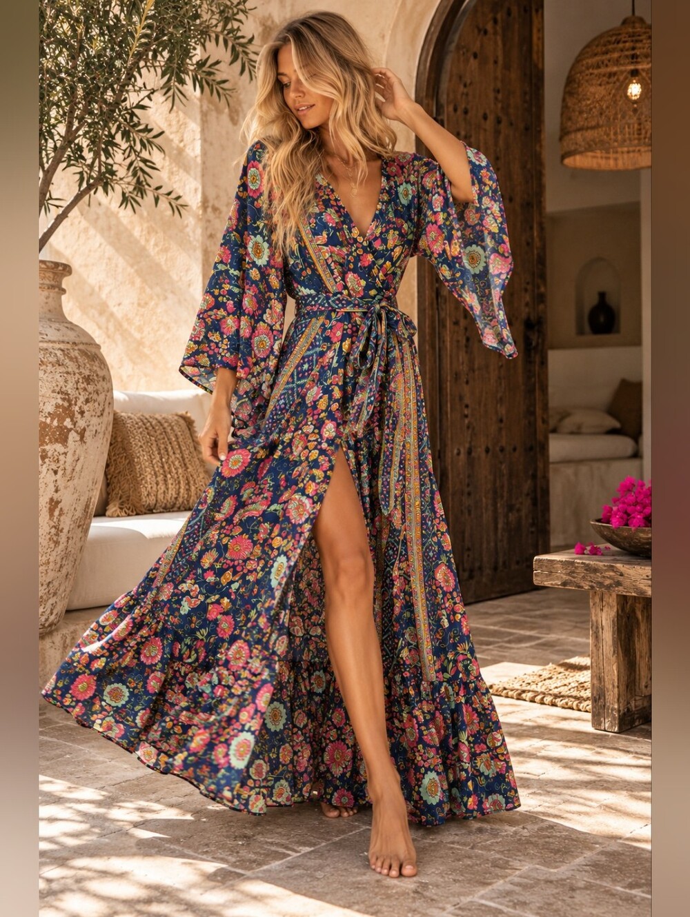 Raga “Midnight Garden” Floral Kimono Wrap Maxi Dress – S